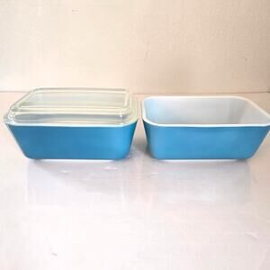 Vintage PYREX Primary Blue Fridge 2 Containers ONE Lid 502-B 40s 50s Mid Century